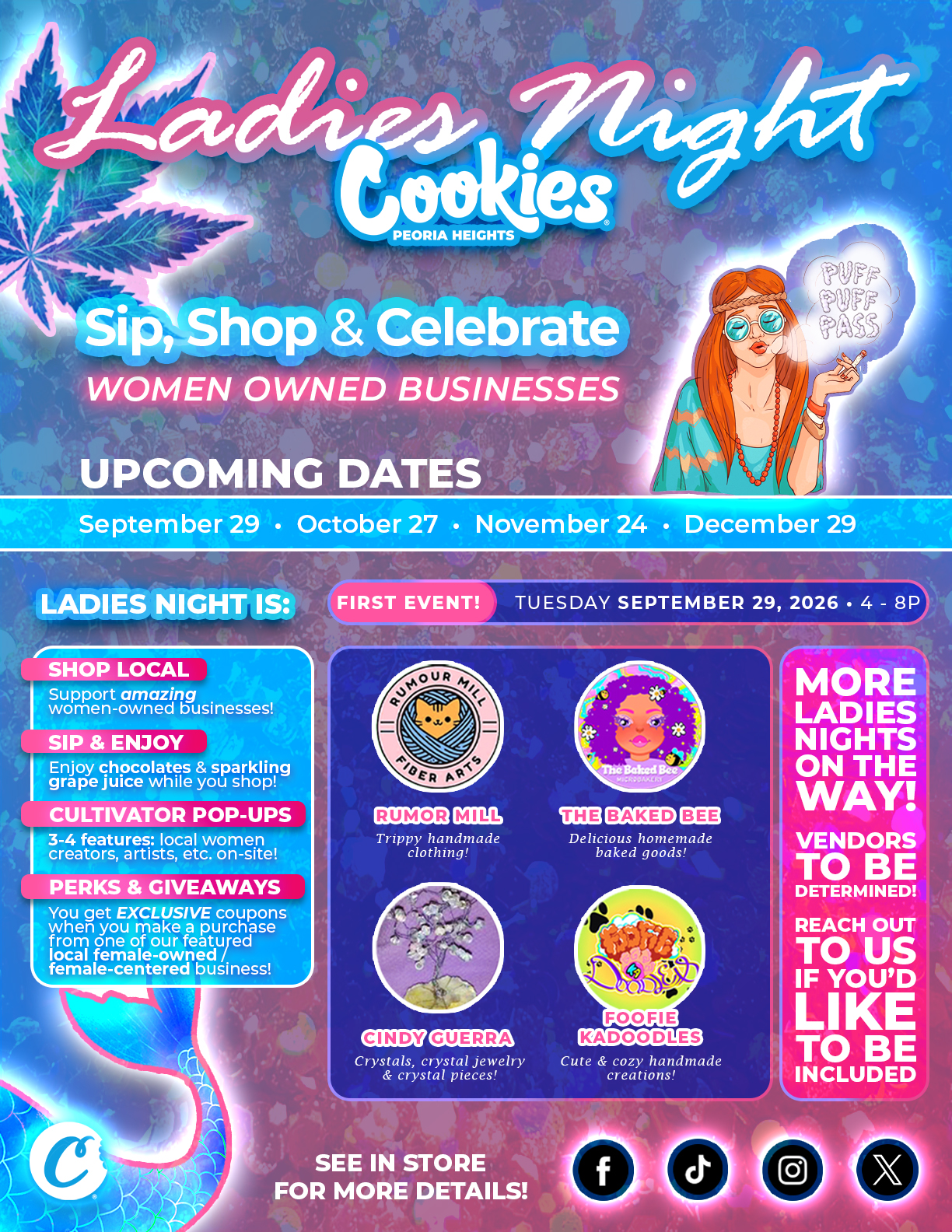 Ladies Night at Cookies Peoria Heights — Sip, Shop & Celebrate Women-Owned Businesses. September 29, October 27, November 24, December 29, 2026 from 4–8 PM. Featuring Rumour Mill Fiber Arts, The Baked Bee, Cindy Guerra Crystals, and Foofie Kadoodles cute and cozy handmade creations. Designed by Freeman Clicks.